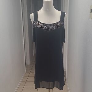 Belldini Black Cold-Shoulder Dressy Tunic with Rhinestone Yoke